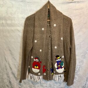 Vintage Lemon Grass Studio Women's Brown Snowman Sweater Cardigan with Scarf